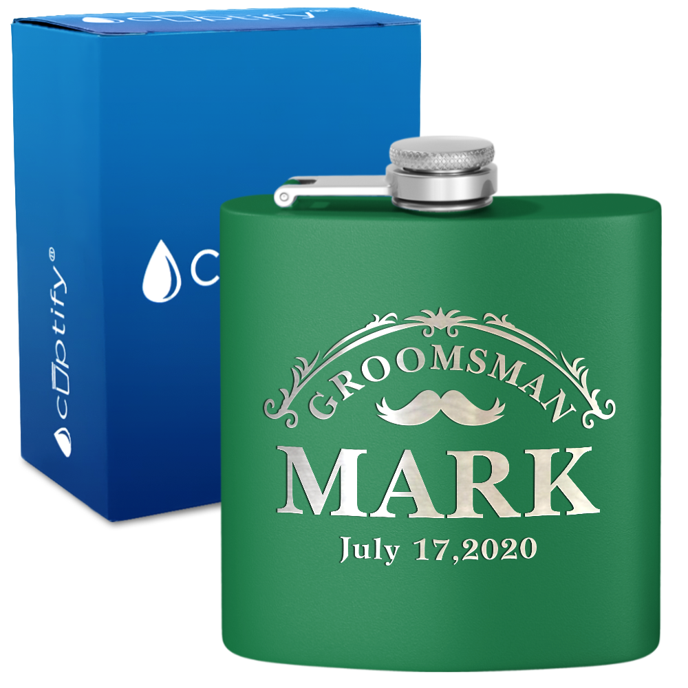 Personalized Classic Groomsman Mustache 6 oz Stainless Steel Hip Flask