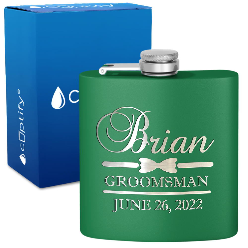 Personalized Groomsman Classy Bow Tie 6 oz Stainless Steel Hip Flask