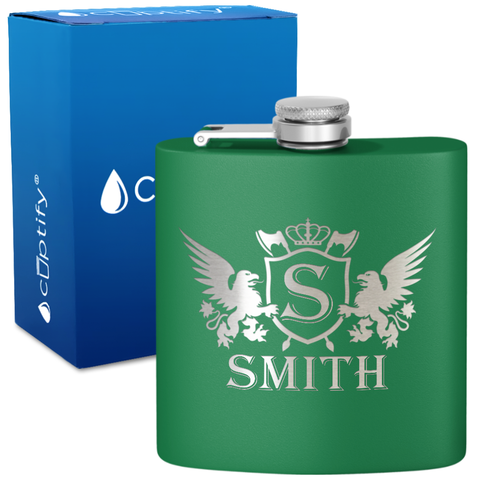 Personalized Crown Monogram Initial Badge 6oz Hip Flask