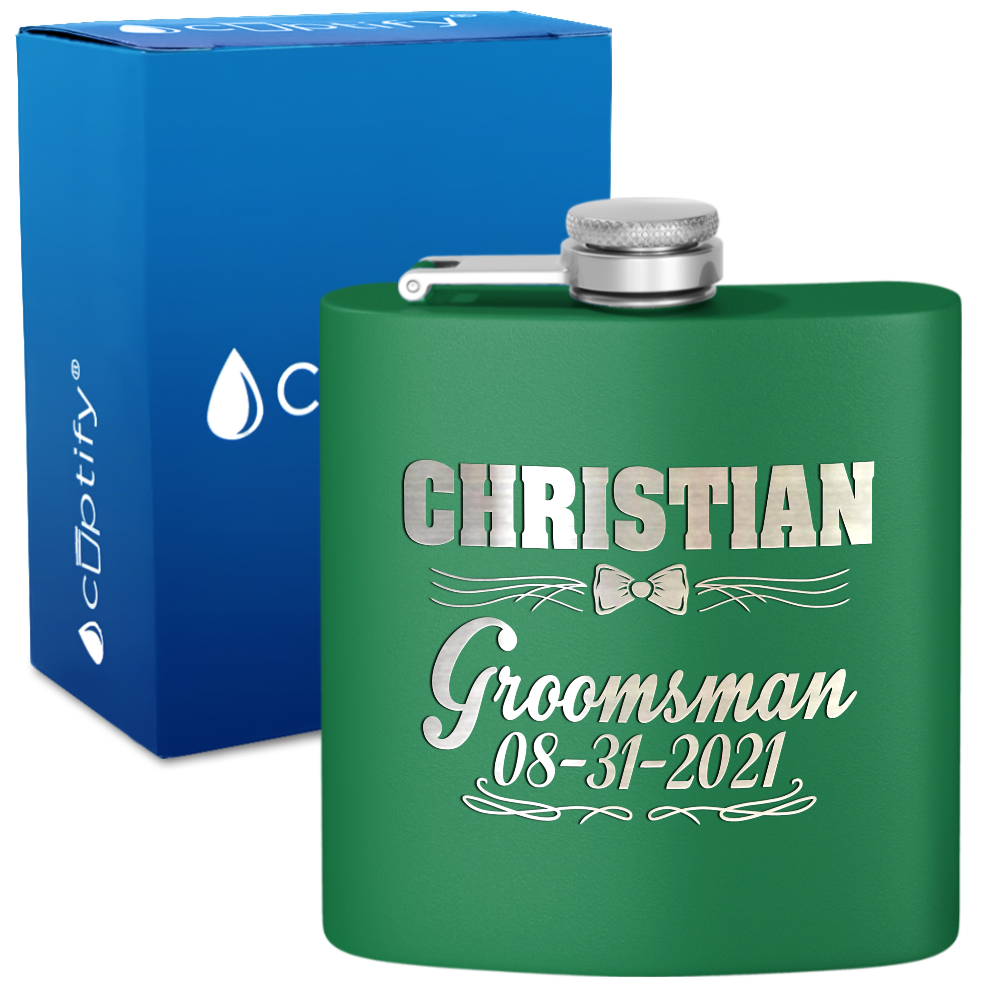 Personalized Groomsman Bow Tie 6 oz Stainless Steel Hip Flask