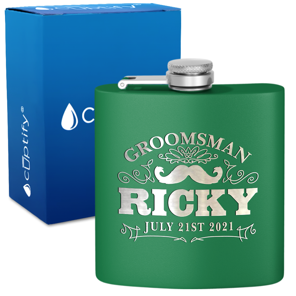Personalized Groomsman Mustache 6 oz Stainless Steel Hip Flask