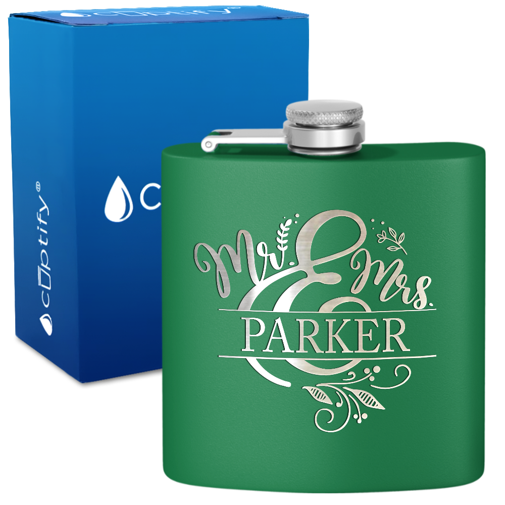 Personalized Mr. and Mrs. Split Script 6oz Stainless Steel Hip Flask
