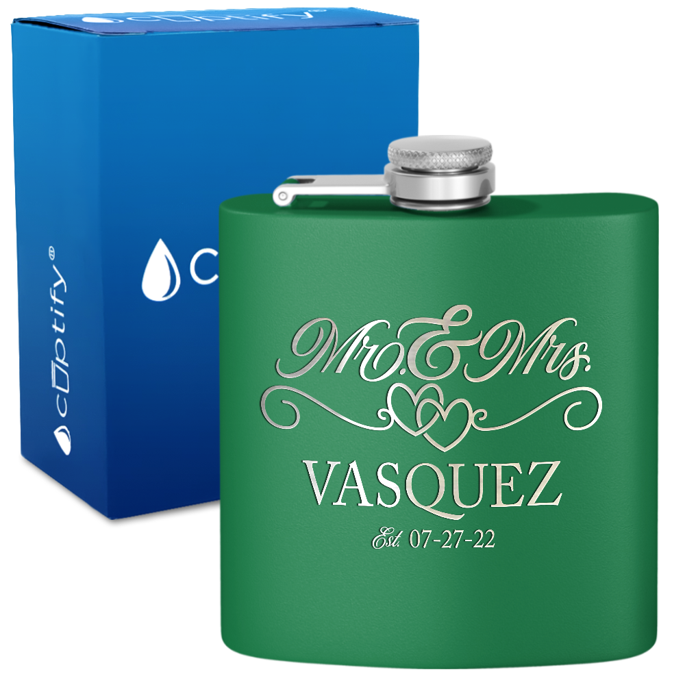 Personalized Mr. and Mrs. with date 6oz Stainless Steel Hip Flask
