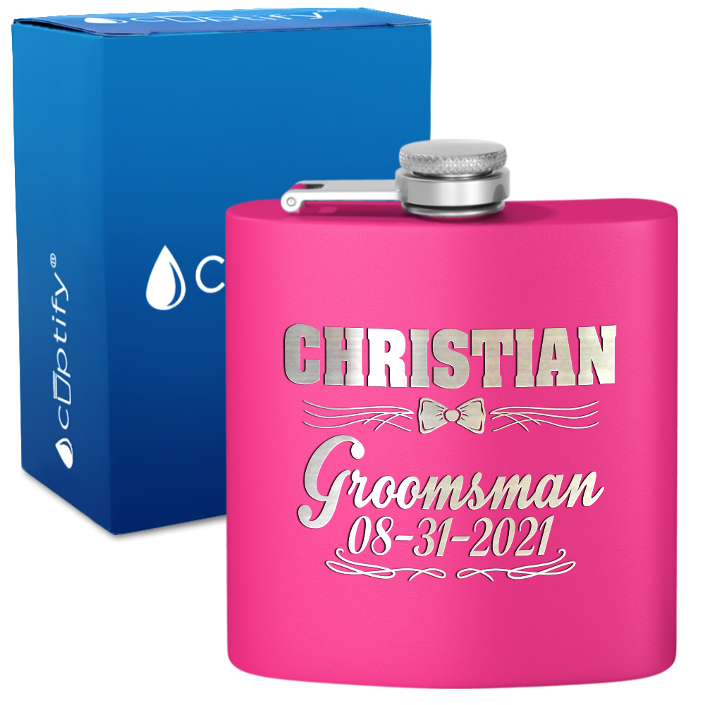 Personalized Groomsman Bow Tie 6 oz Stainless Steel Hip Flask