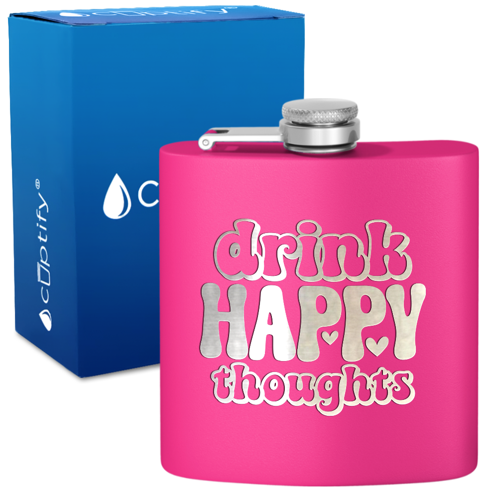 Drink Happy Thoughts Hearts 6 oz Stainless Steel Hip Flask