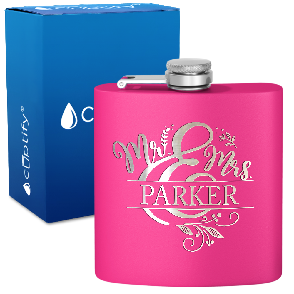 Personalized Mr. and Mrs. Split Script 6oz Stainless Steel Hip Flask