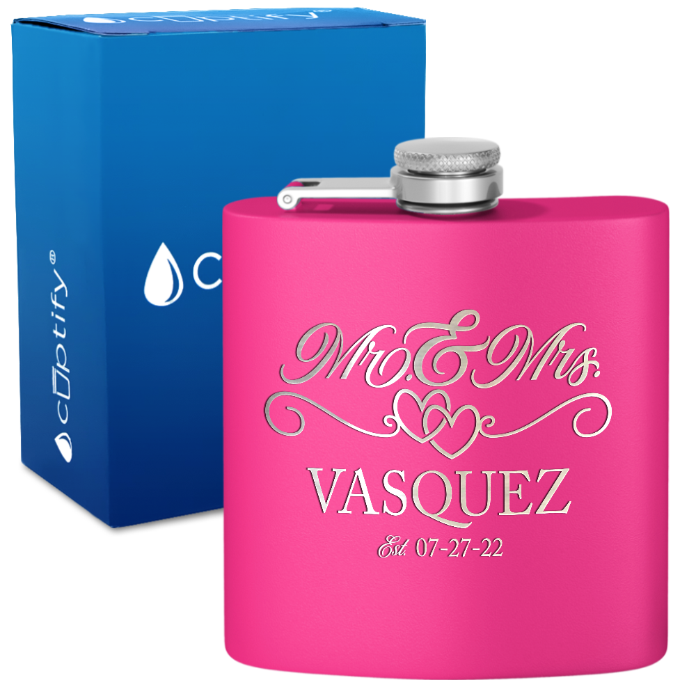 Personalized Mr. and Mrs. with date 6oz Stainless Steel Hip Flask