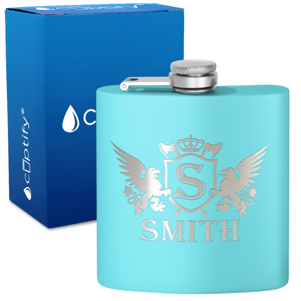 Personalized Crown Monogram Initial Badge 6oz Hip Flask