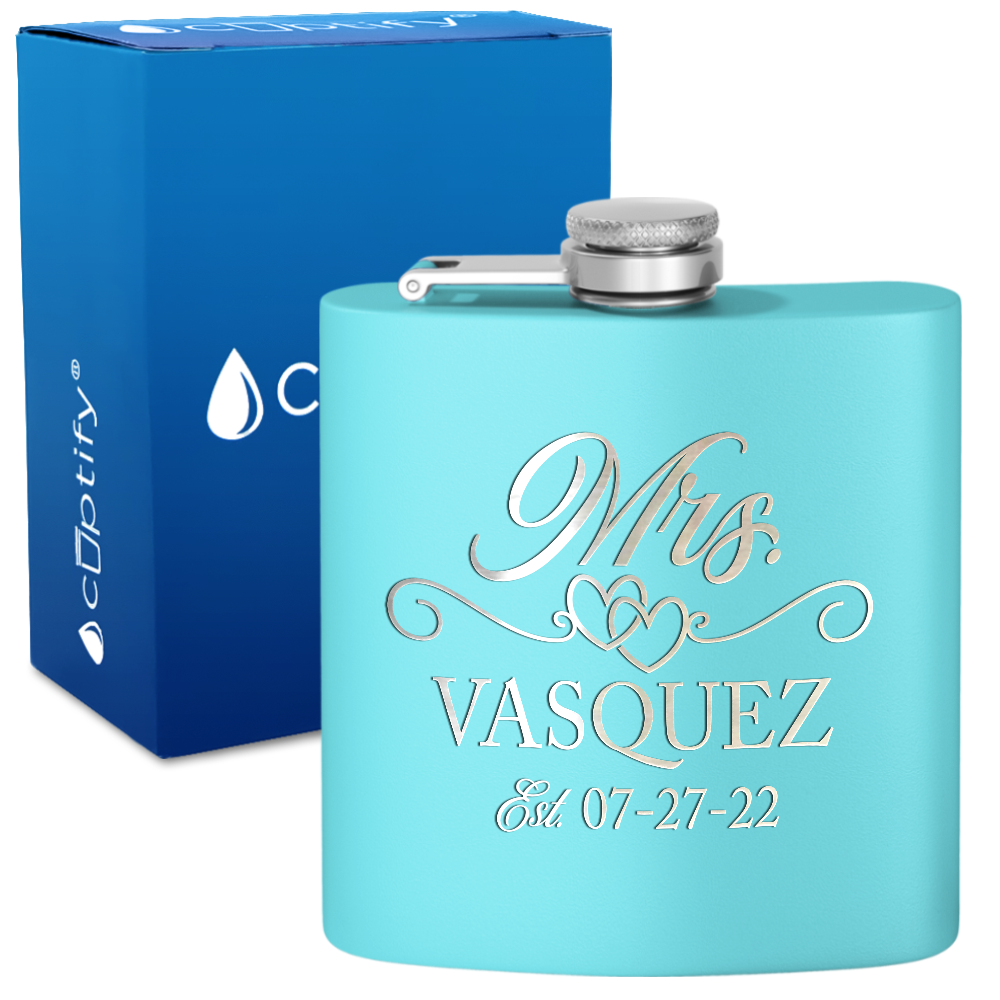 Personalized Mrs. with date 6oz Stainless Steel Hip Flask
