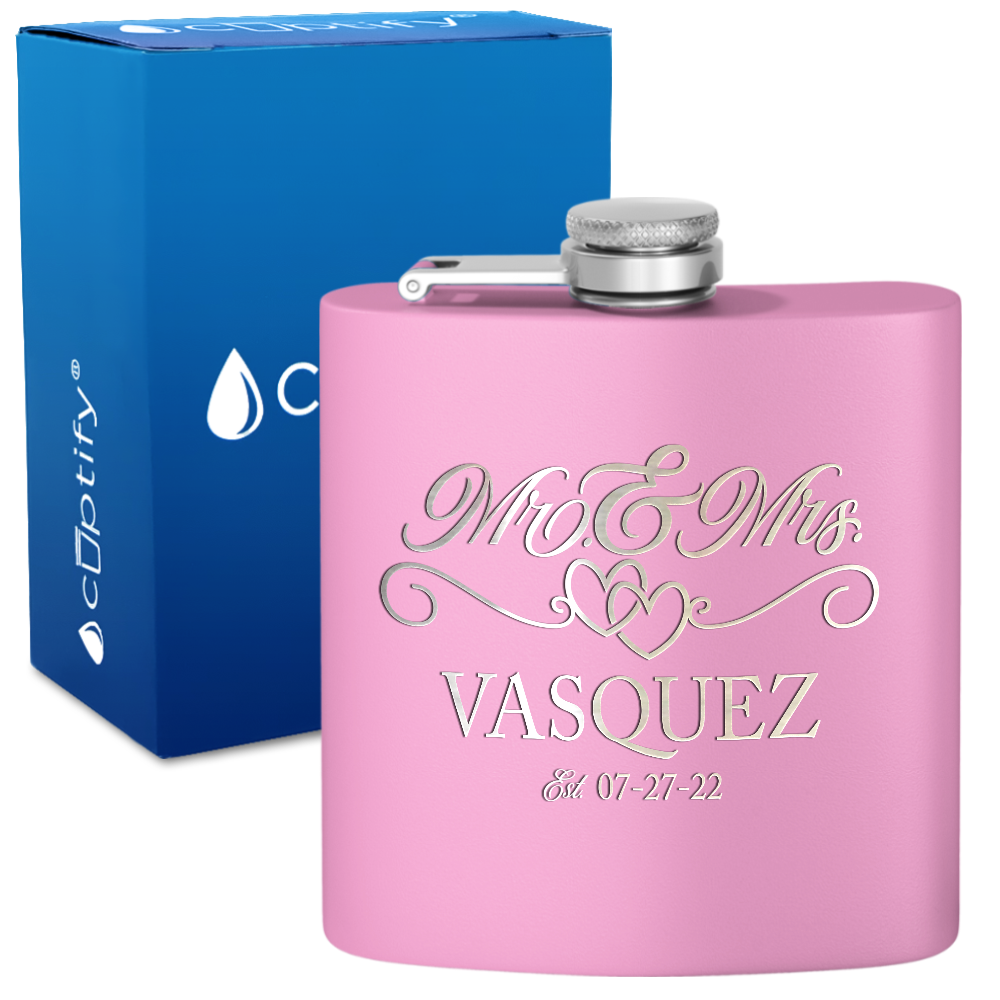 Personalized Mr. and Mrs. with date 6oz Stainless Steel Hip Flask