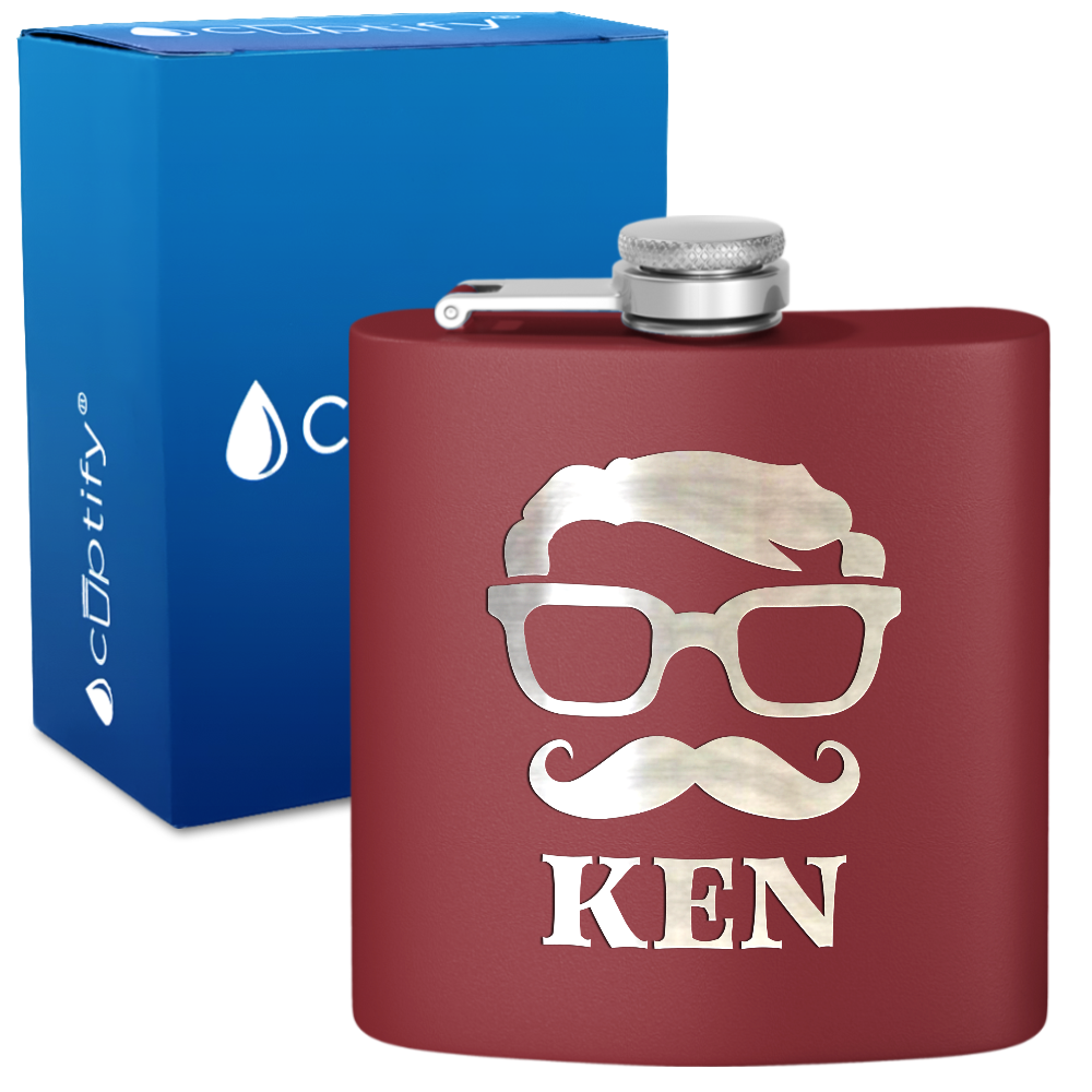 Personalized Glasses Mustache Groomsmen 6 oz Stainless Steel Hip Flask