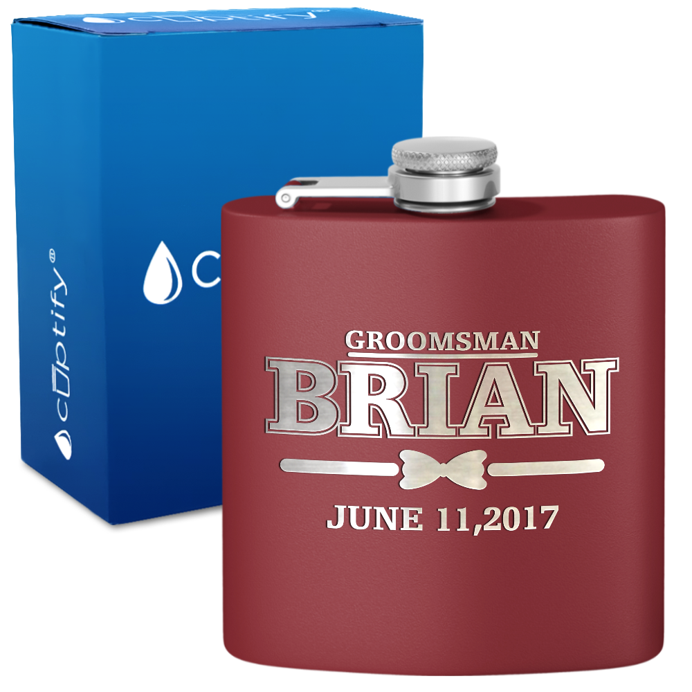 Personalized Dated Bow Tie Groosmen 6 oz Stainless Steel Hip Flask