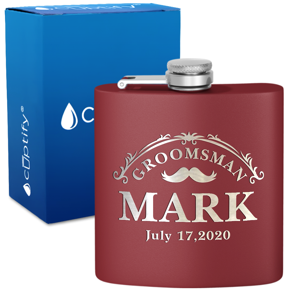 Personalized Classic Groomsman Mustache 6 oz Stainless Steel Hip Flask