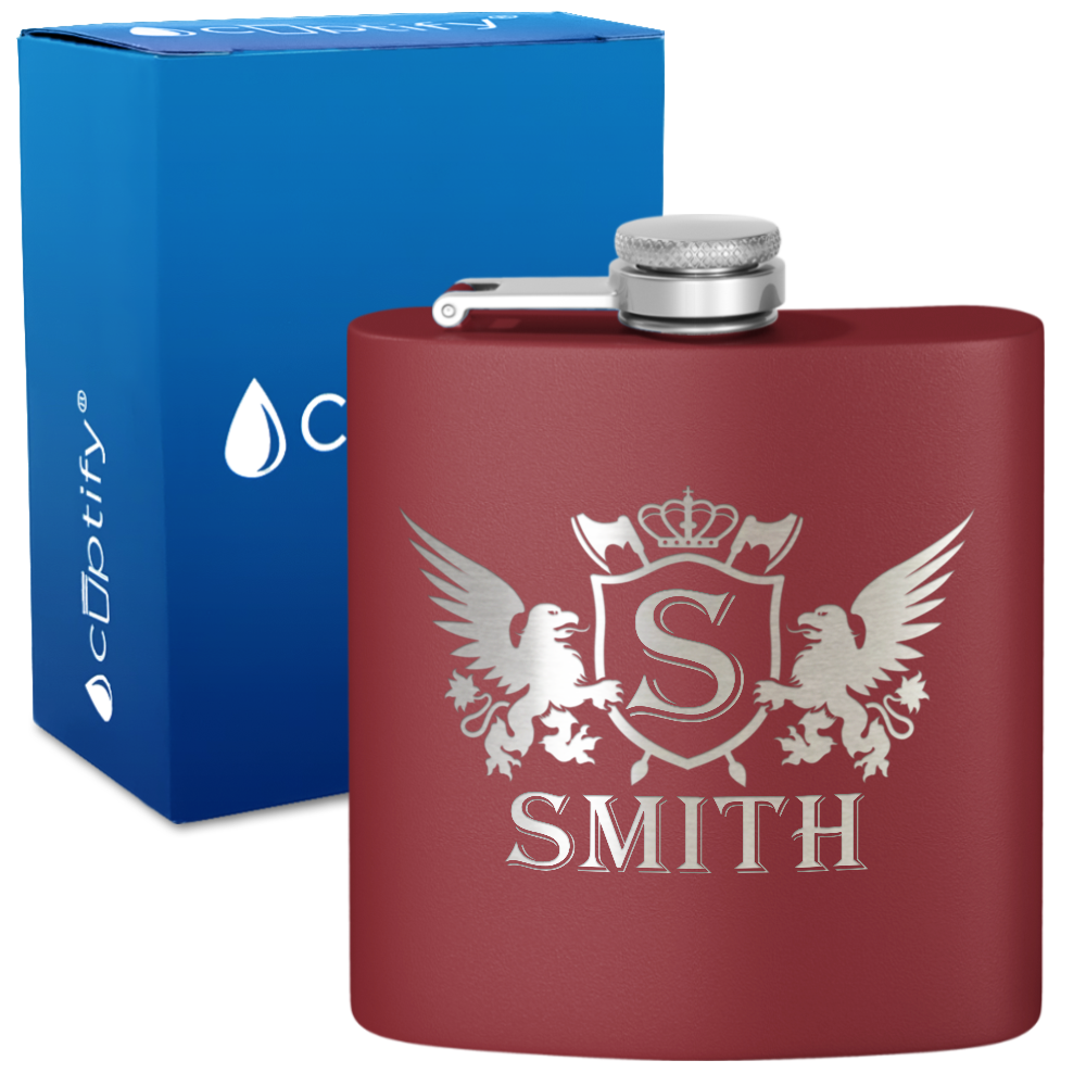 Personalized Crown Monogram Initial Badge 6oz Hip Flask