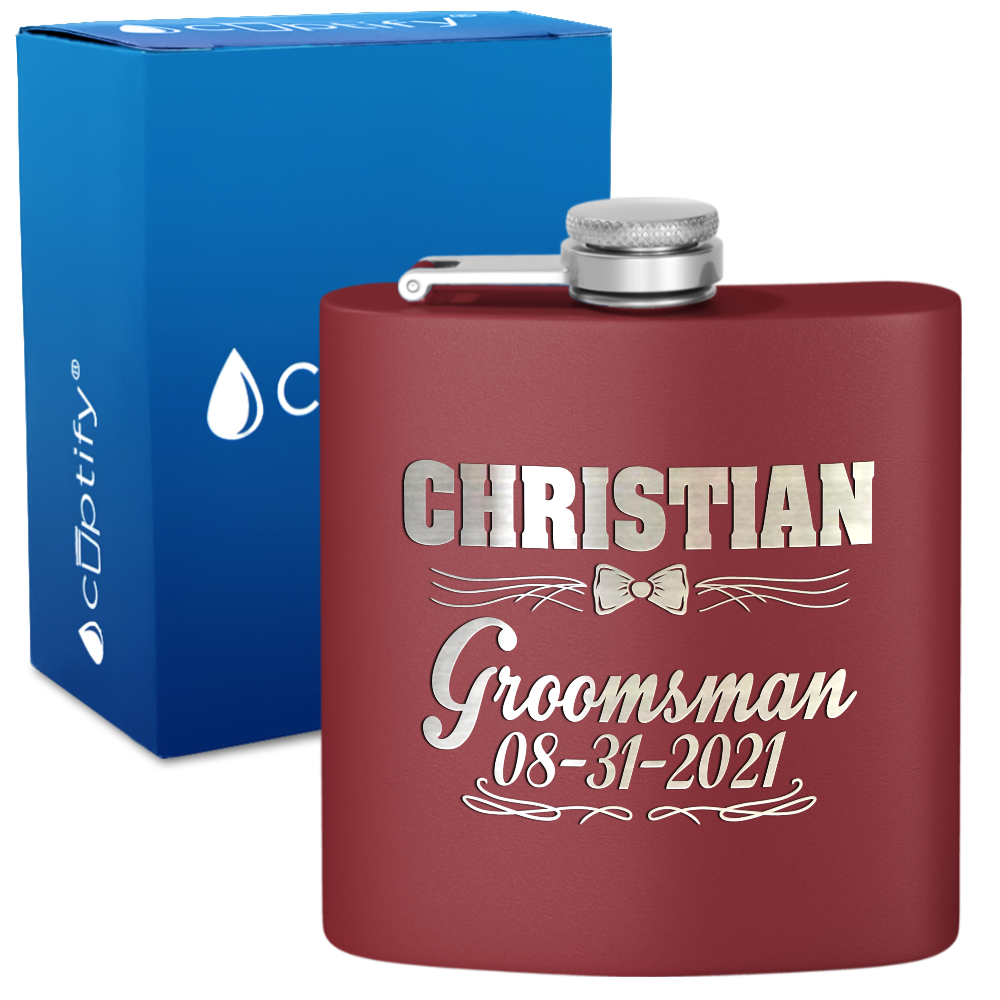 Personalized Groomsman Bow Tie 6 oz Stainless Steel Hip Flask