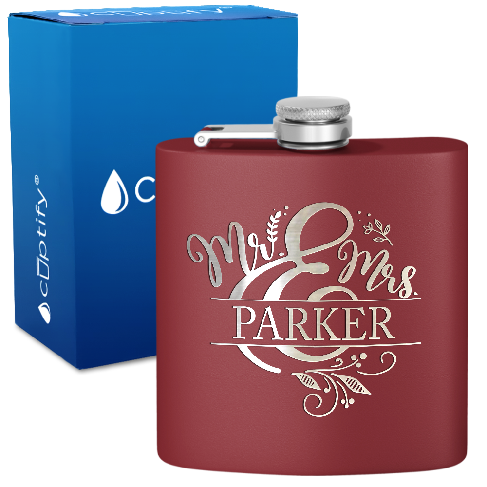 Personalized Mr. and Mrs. Split Script 6oz Stainless Steel Hip Flask