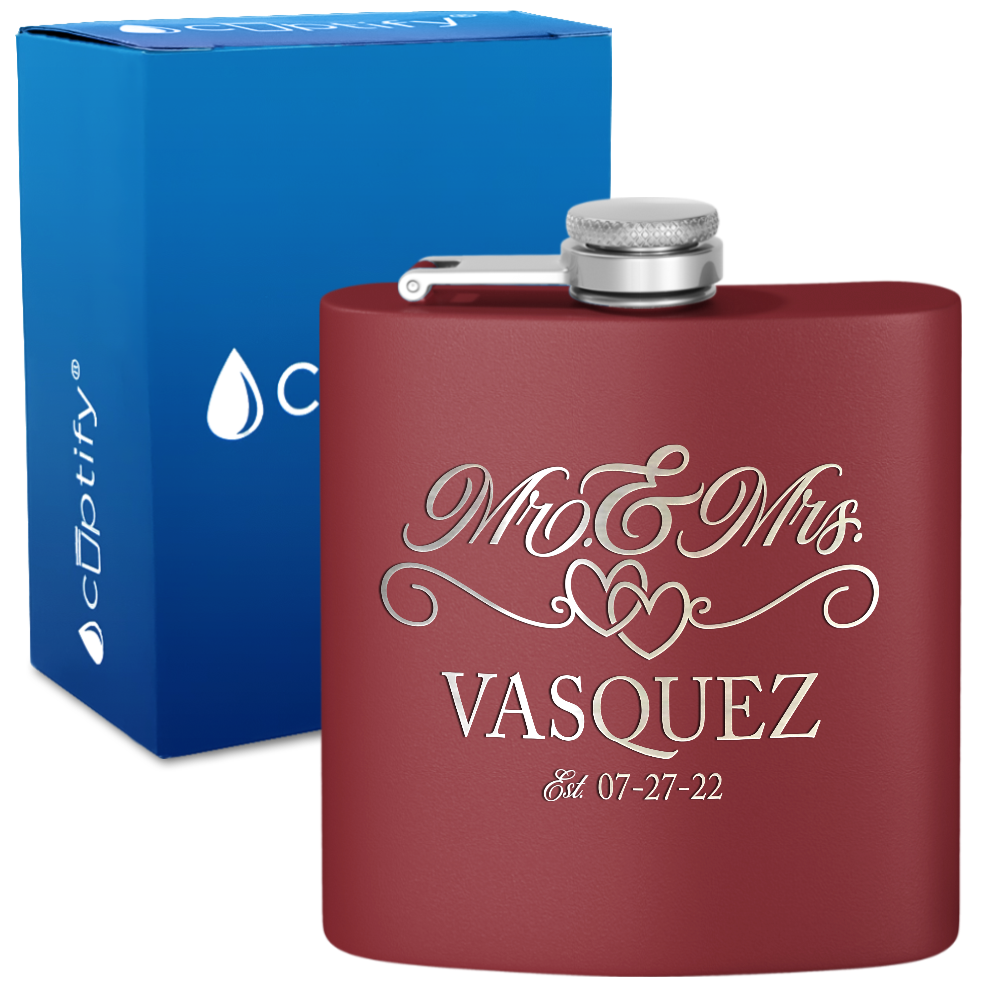 Personalized Mr. and Mrs. with date 6oz Stainless Steel Hip Flask