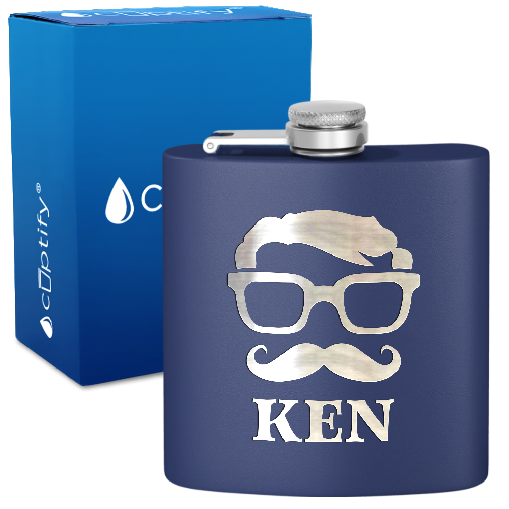 Personalized Glasses Mustache Groomsmen 6 oz Stainless Steel Hip Flask