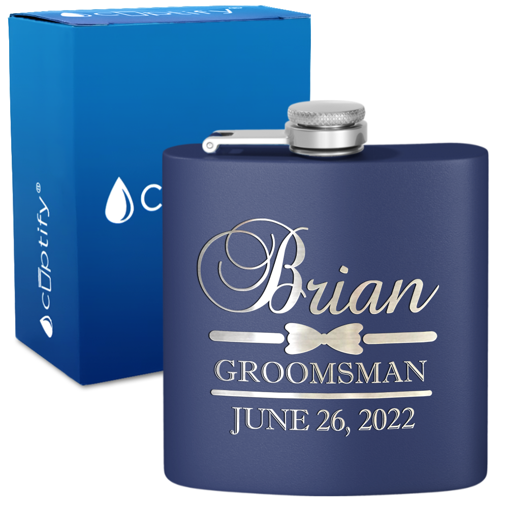 Personalized Groomsman Classy Bow Tie 6 oz Stainless Steel Hip Flask