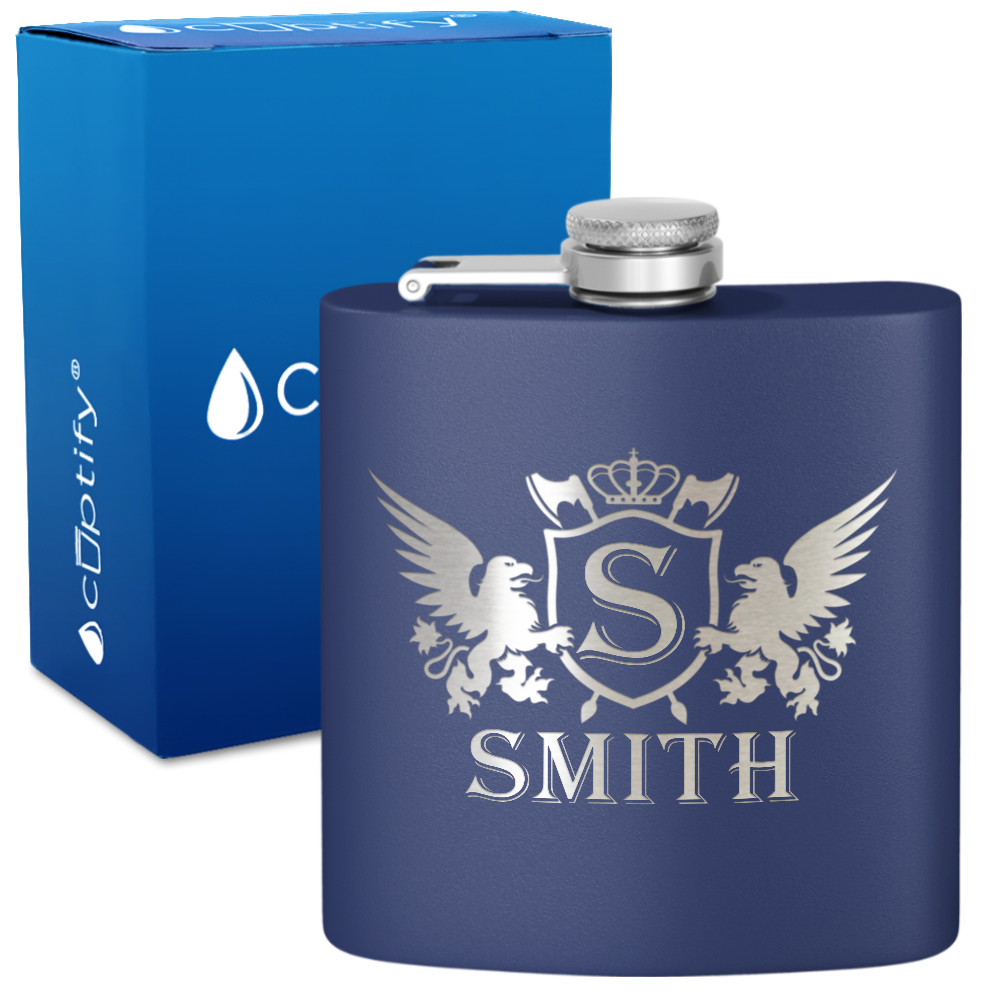 Personalized Crown Monogram Initial Badge 6oz Hip Flask