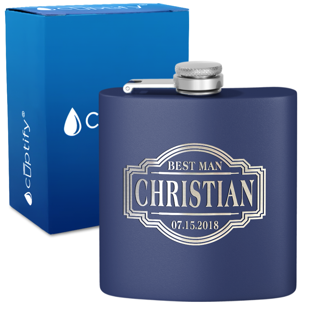 Personalized Best Man with Border 6oz Stainless Steel Hip Flask