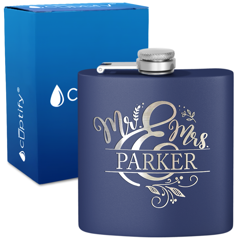 Personalized Mr. and Mrs. Split Script 6oz Stainless Steel Hip Flask