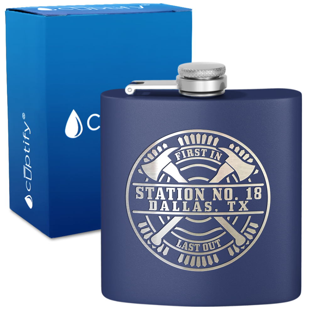 Personalized Firefighter Station Number and City 6oz Stainless Steel Hip Flask