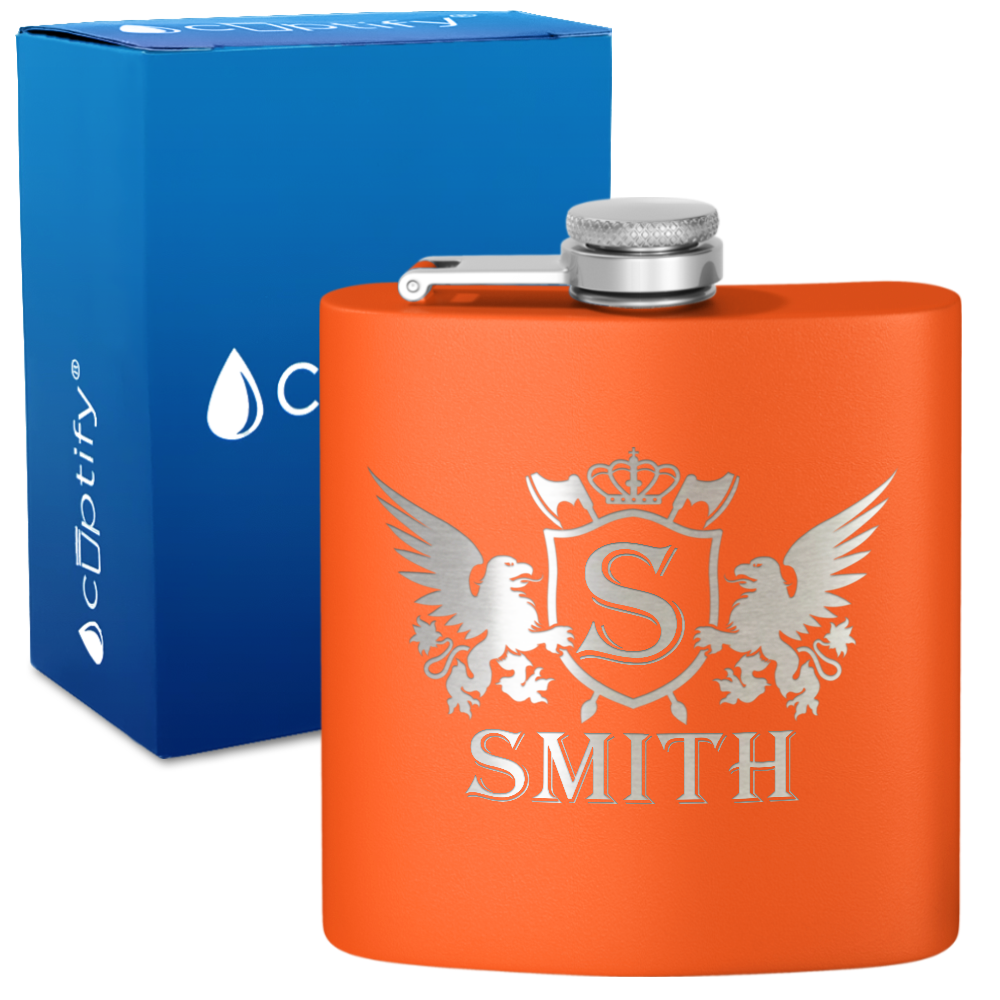 Personalized Crown Monogram Initial Badge 6oz Hip Flask