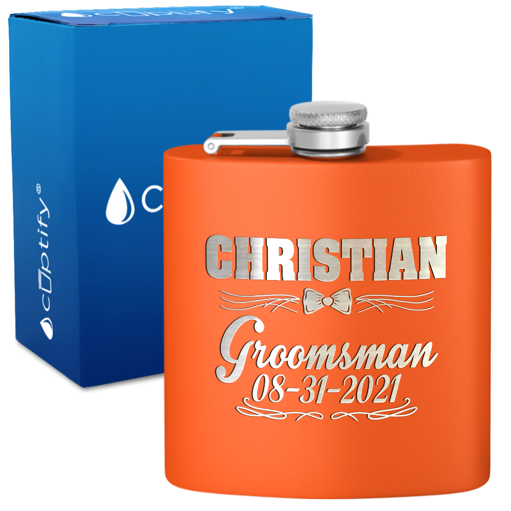 Personalized Groomsman Bow Tie 6 oz Stainless Steel Hip Flask