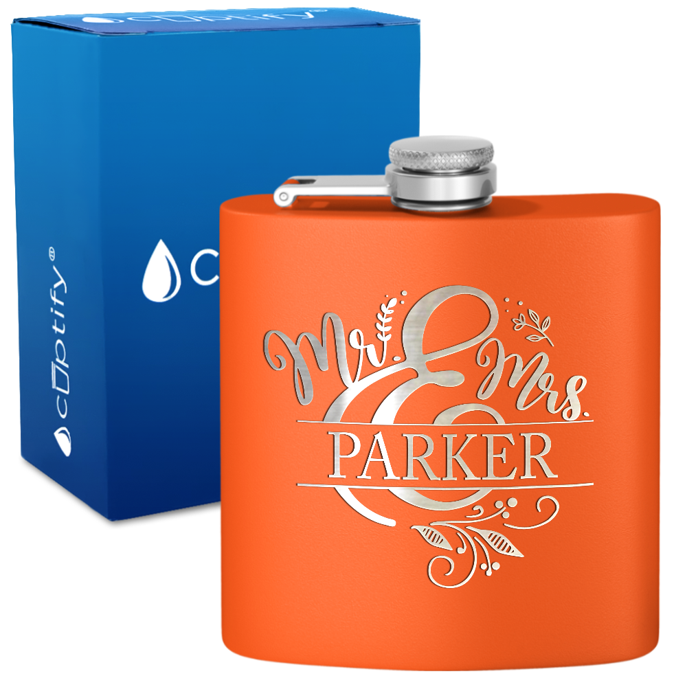 Personalized Mr. and Mrs. Split Script 6oz Stainless Steel Hip Flask