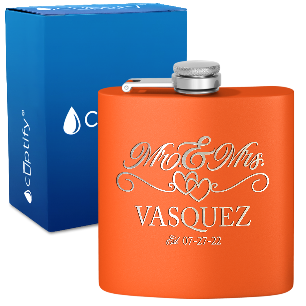 Personalized Mr. and Mrs. with date 6oz Stainless Steel Hip Flask