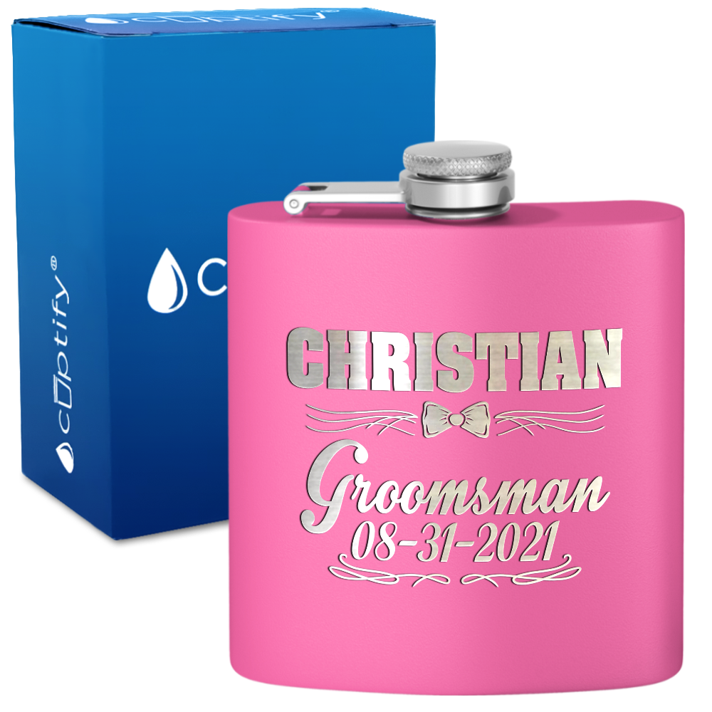 Personalized Groomsman Bow Tie 6 oz Stainless Steel Hip Flask