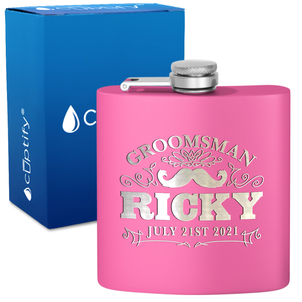 Personalized Groomsman Mustache 6 oz Stainless Steel Hip Flask