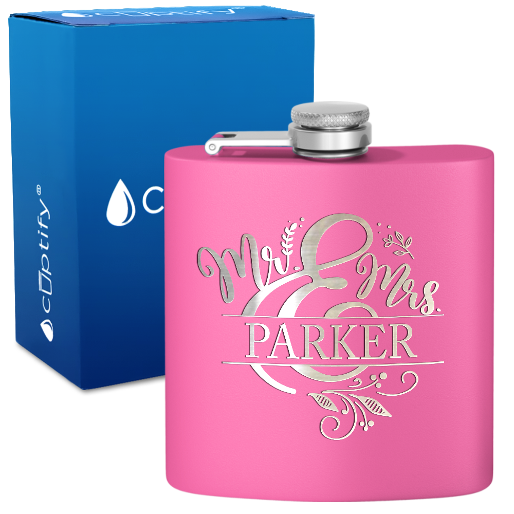 Personalized Mr. and Mrs. Split Script 6oz Stainless Steel Hip Flask