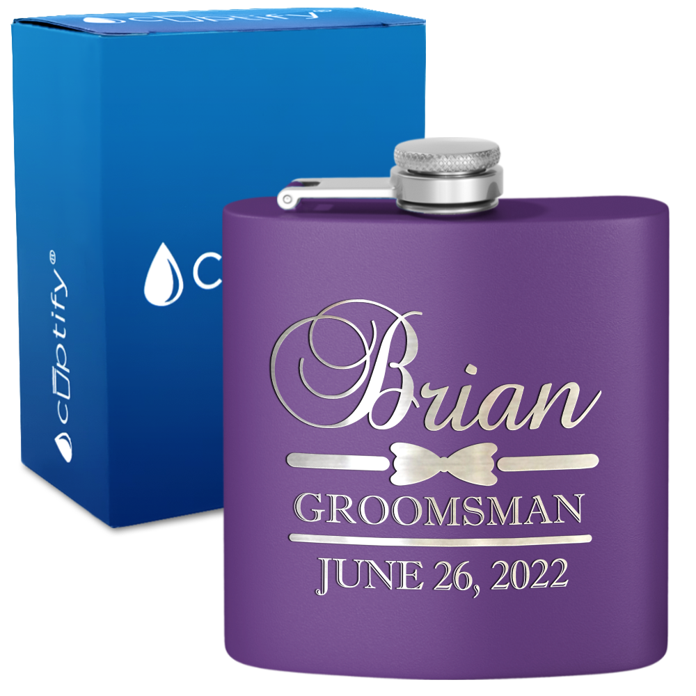 Personalized Groomsman Classy Bow Tie 6 oz Stainless Steel Hip Flask