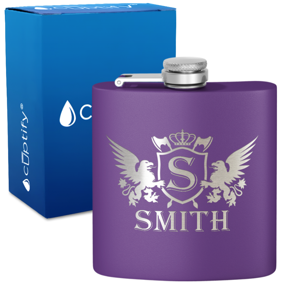 Personalized Crown Monogram Initial Badge 6oz Hip Flask