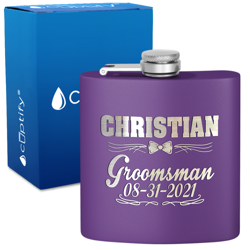 Personalized Groomsman Bow Tie 6 oz Stainless Steel Hip Flask