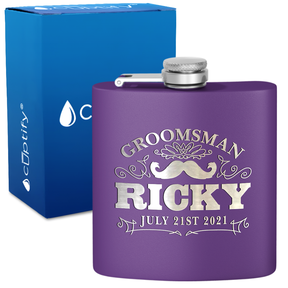 Personalized Groomsman Mustache 6 oz Stainless Steel Hip Flask