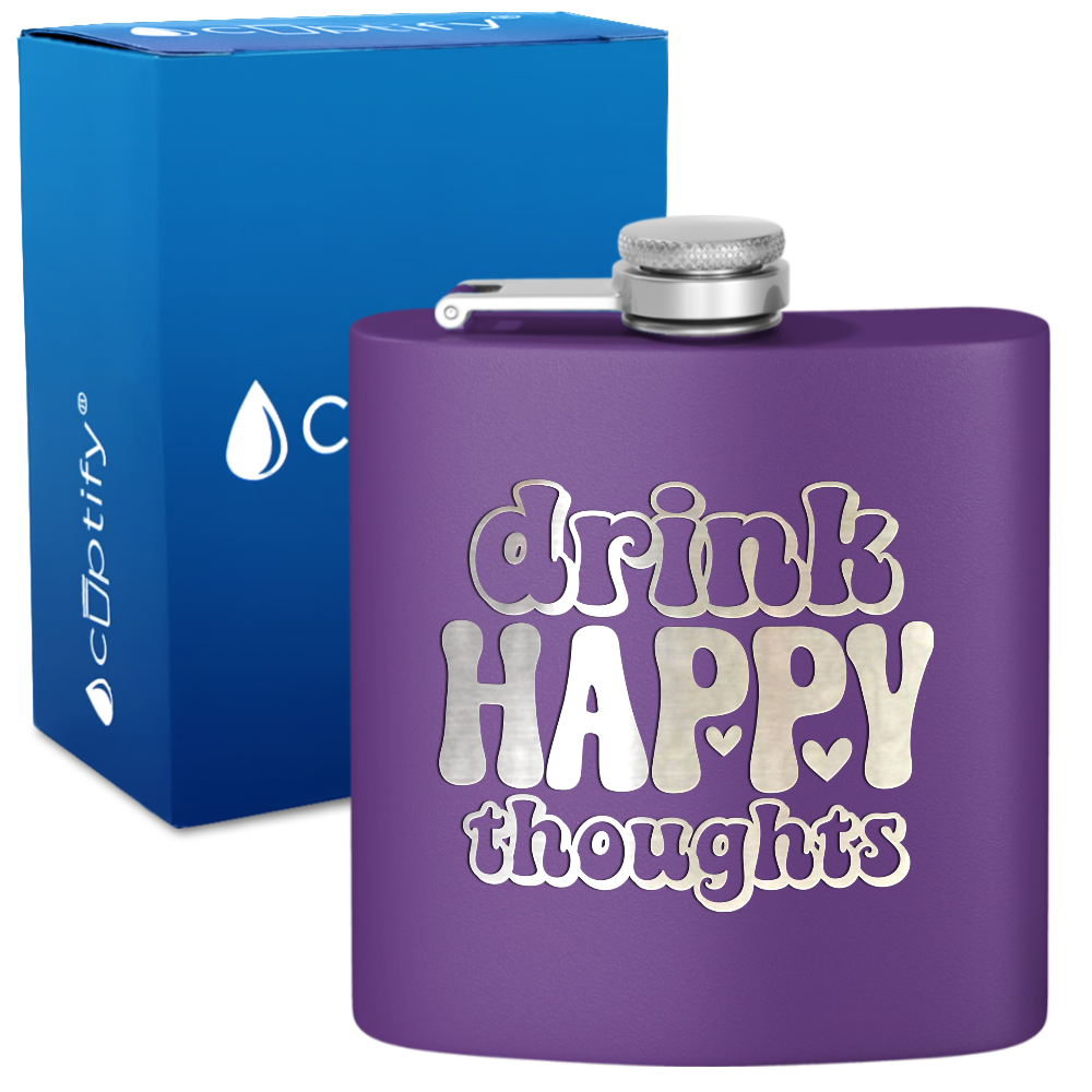 Drink Happy Thoughts Hearts 6 oz Stainless Steel Hip Flask