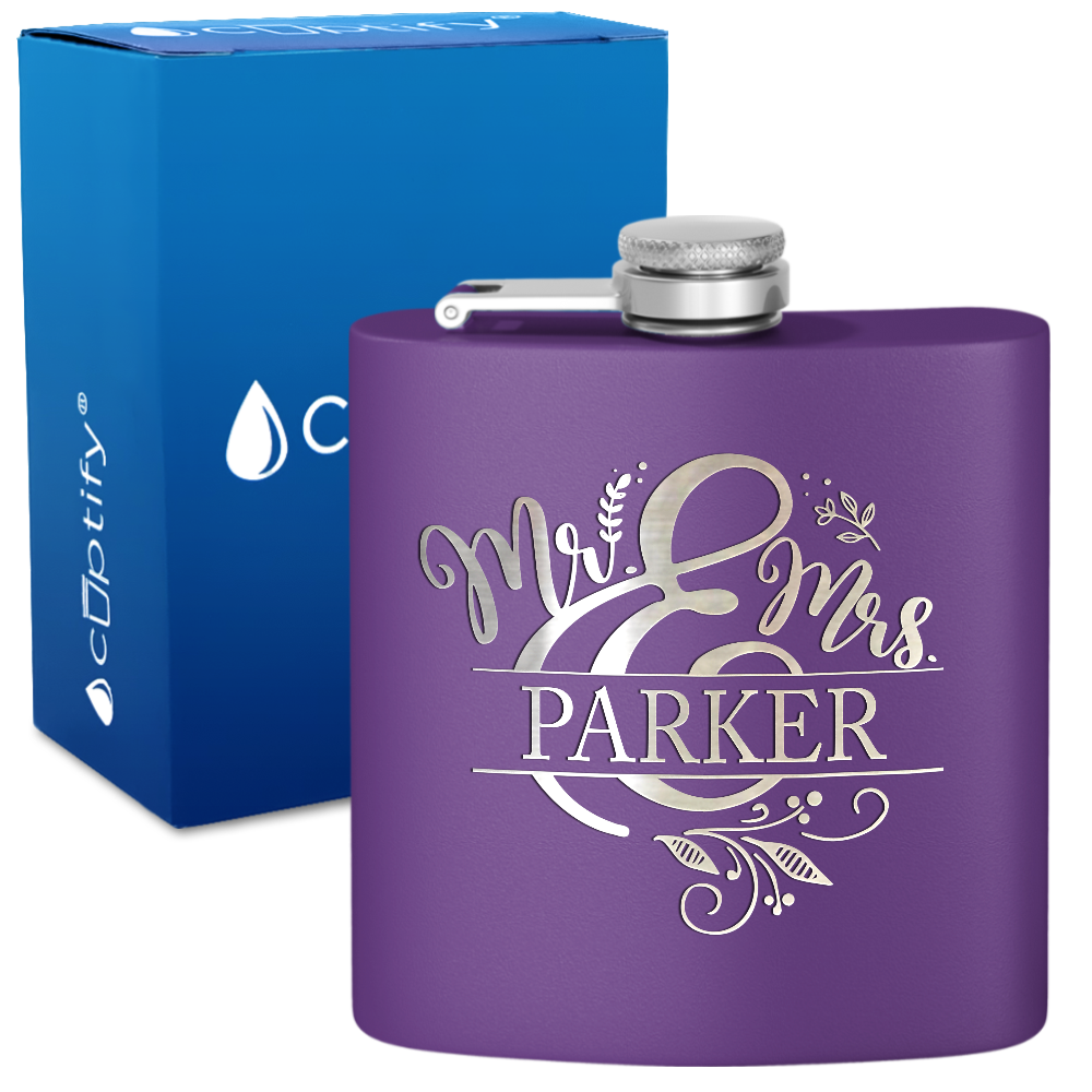 Personalized Mr. and Mrs. Split Script 6oz Stainless Steel Hip Flask