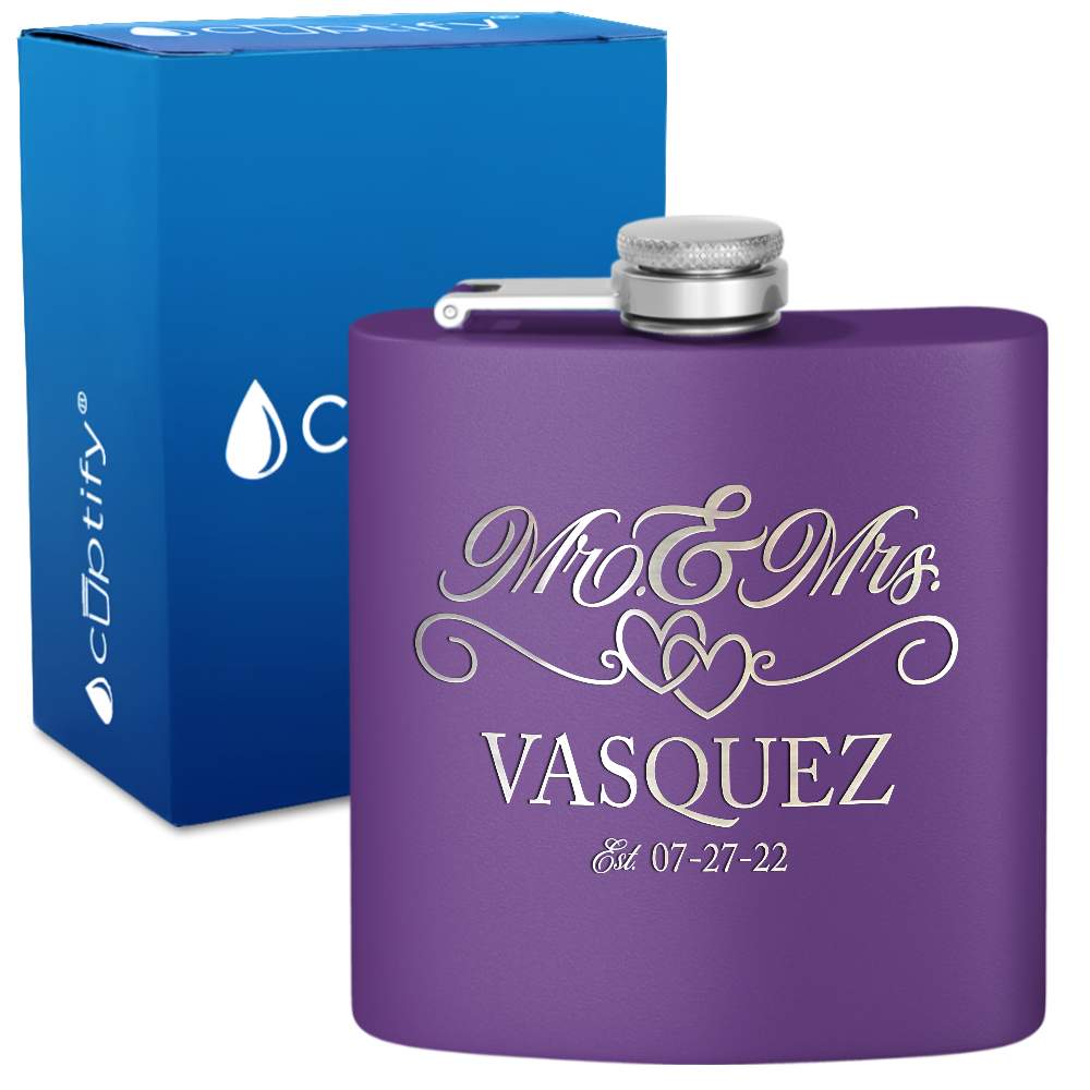 Personalized Mr. and Mrs. with date 6oz Stainless Steel Hip Flask