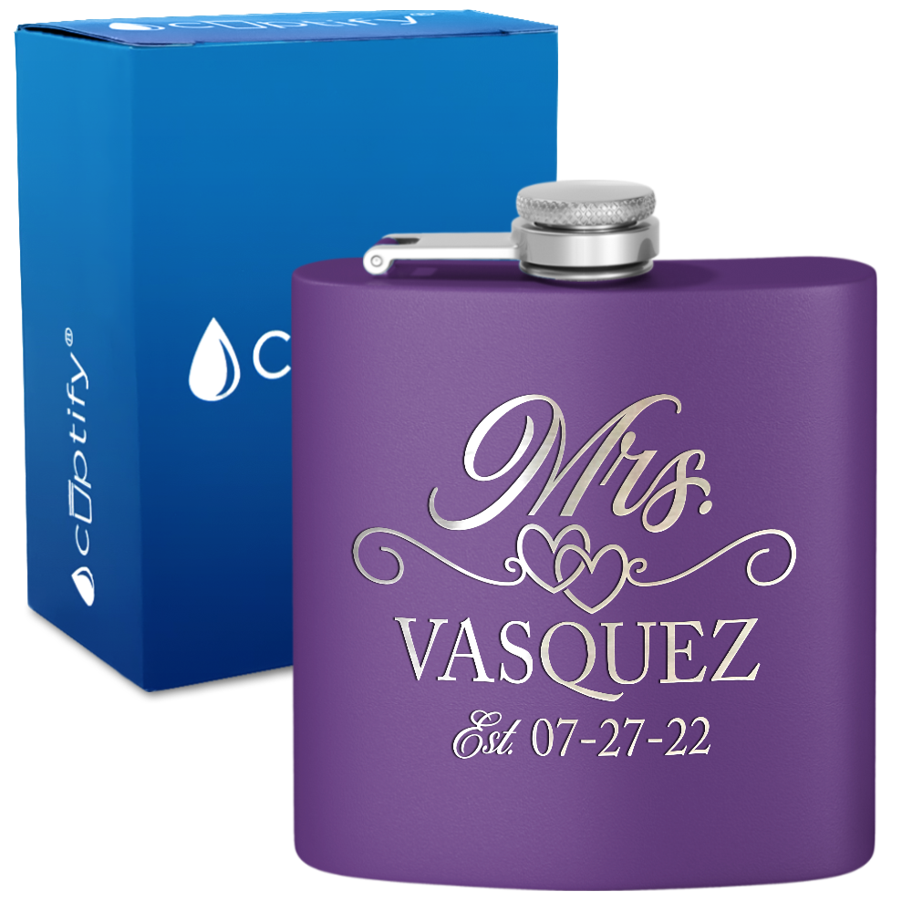 Personalized Mrs. with date 6oz Stainless Steel Hip Flask
