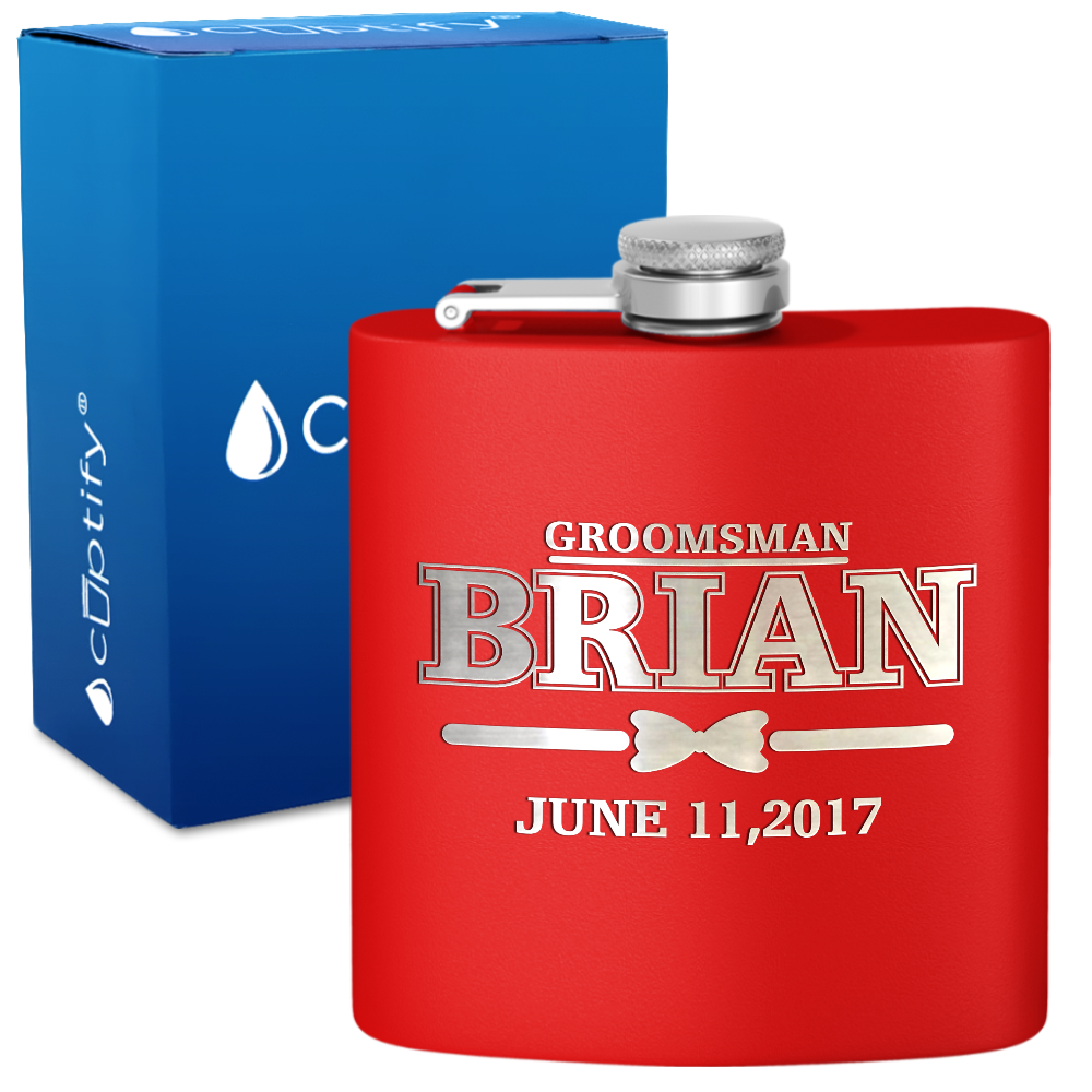 Personalized Dated Bow Tie Groosmen 6 oz Stainless Steel Hip Flask