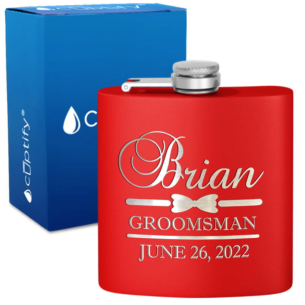 Personalized Groomsman Classy Bow Tie 6 oz Stainless Steel Hip Flask