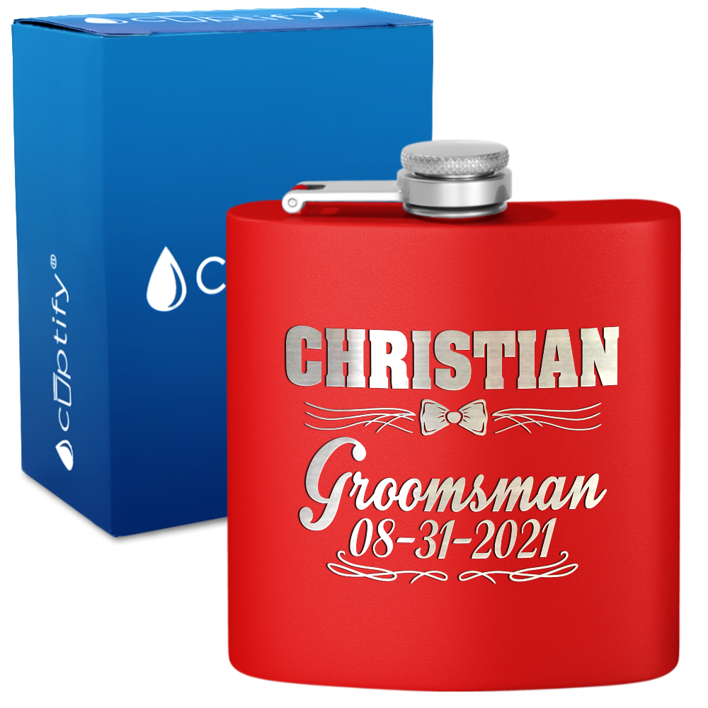 Personalized Groomsman Bow Tie 6 oz Stainless Steel Hip Flask
