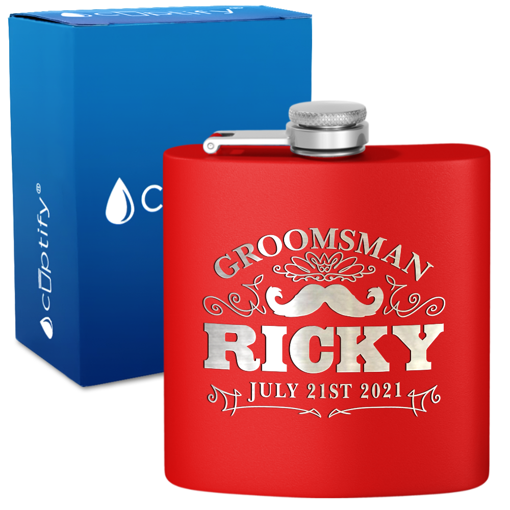 Personalized Groomsman Mustache 6 oz Stainless Steel Hip Flask