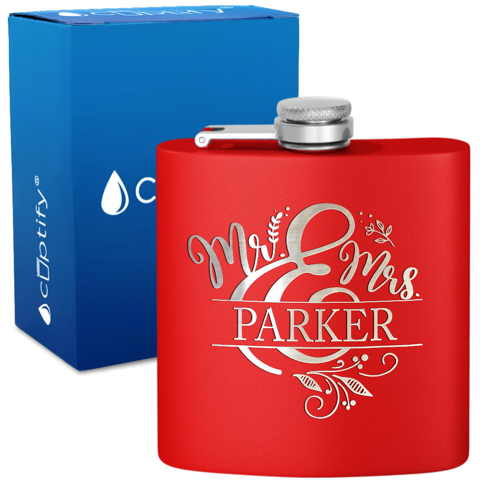 Personalized Mr. and Mrs. Split Script 6oz Stainless Steel Hip Flask