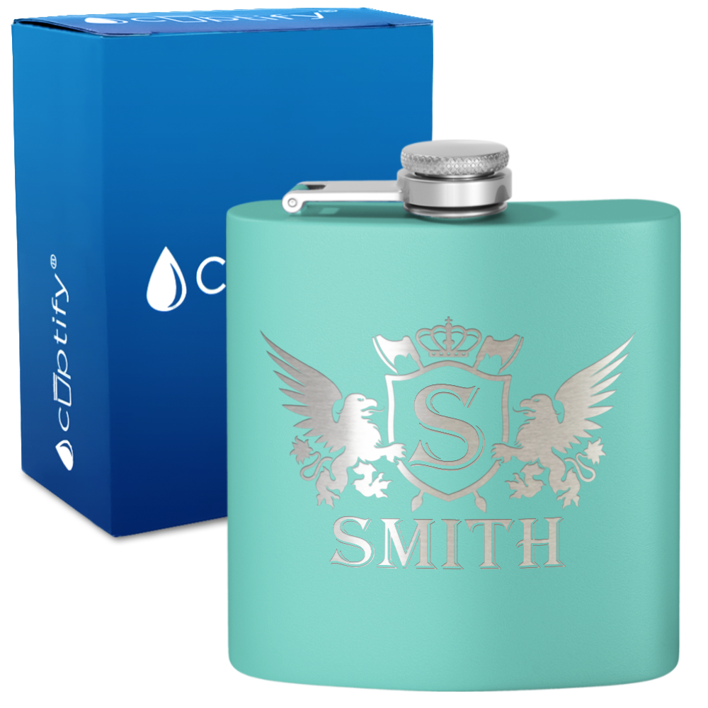 Personalized Crown Monogram Initial Badge 6oz Hip Flask