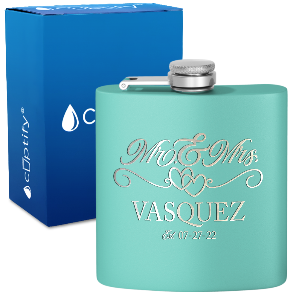 Personalized Mr. and Mrs. with date 6oz Stainless Steel Hip Flask