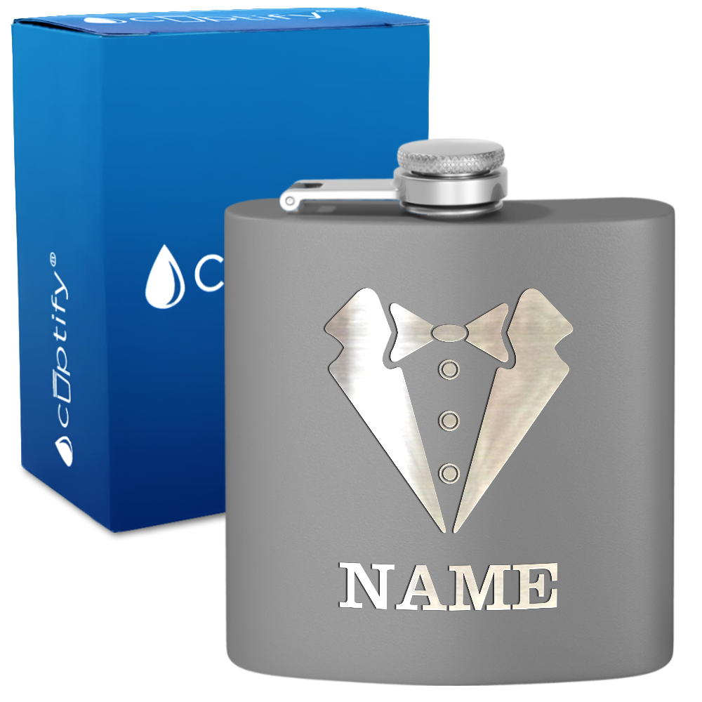 Personalized Suit Bow Tie Groomsmen 6 oz Stainless Steel Hip Flask